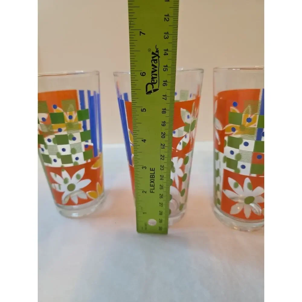 Vtg KIG Vertical Stripe Blue Green Clear MCM Drinking Glasses 12 oz Retro Kitsch